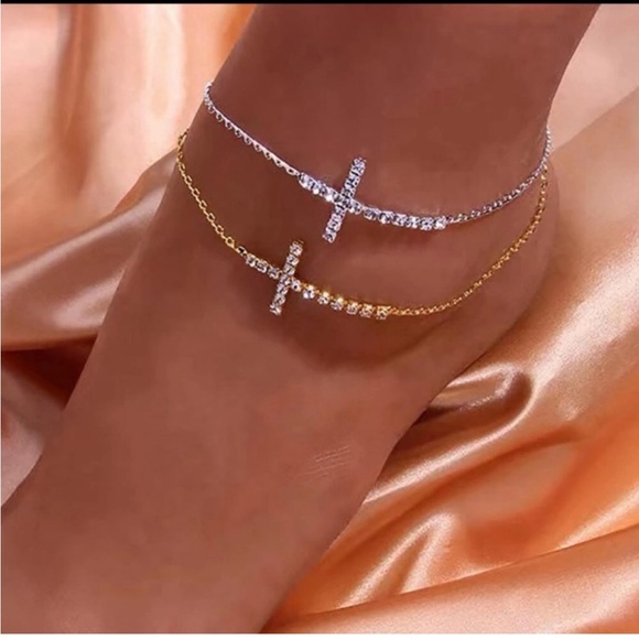 CROSS RHINESTONE 2 PIECE SET ANKLE BRACELET - Picture 1 of 4